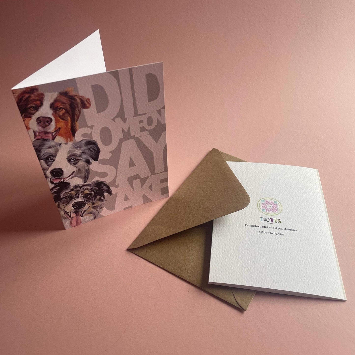 Border Collie Birthday Card 'Did someone say cake' hand drawn illustration.