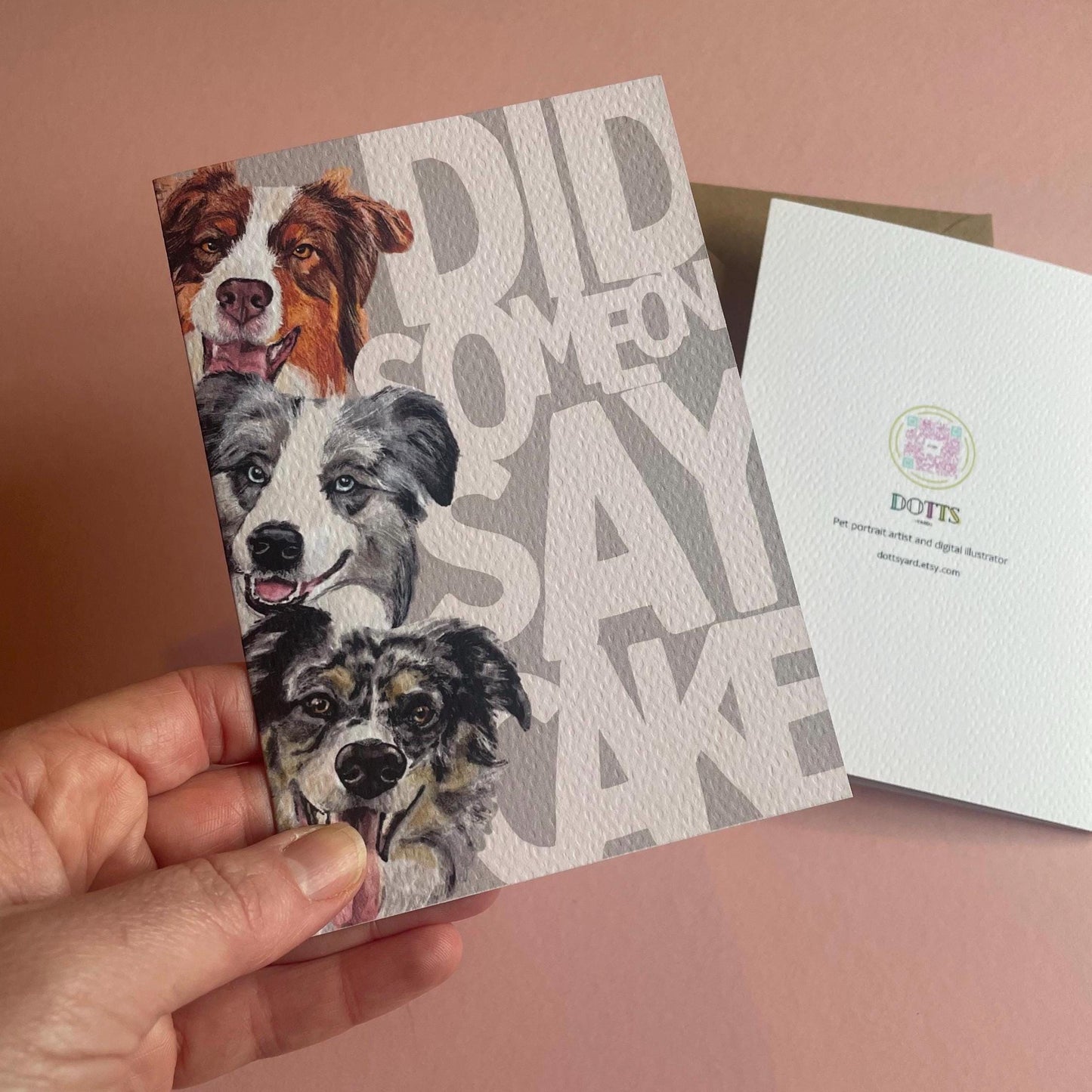 Border Collie Birthday Card 'Did someone say cake' hand drawn illustration.
