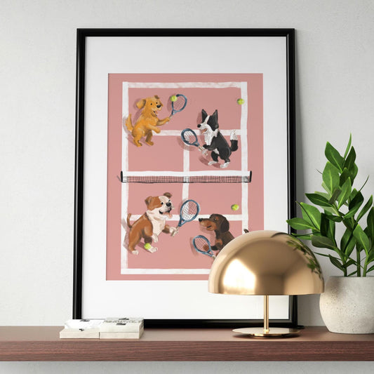 Mixed Doubles Tennis Dogs Art Print. Pink or Blue, Mounted in A5, A4 or A3