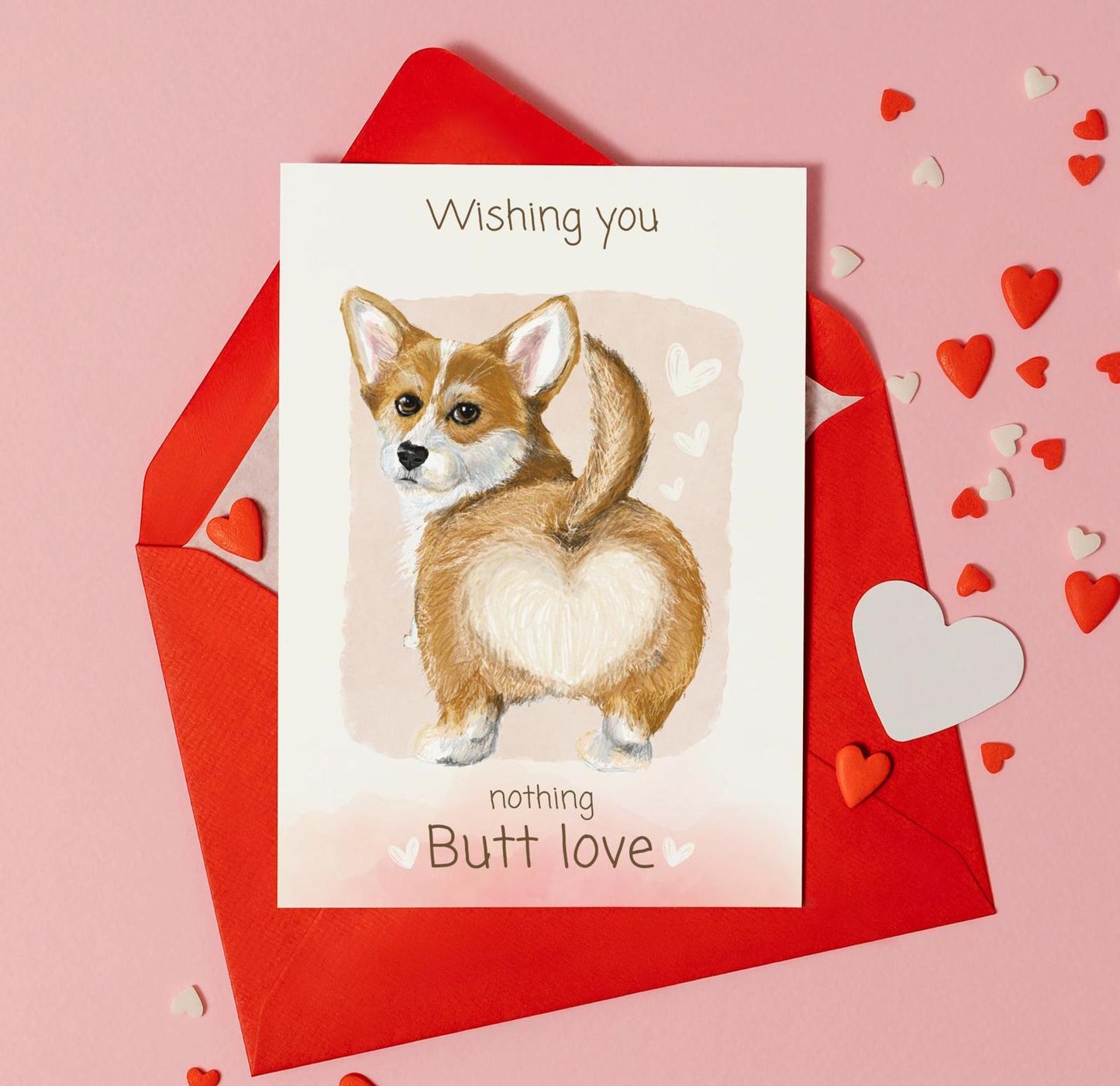 Corgi Valentine’s Card – ‘Nothing Butt Love’ | Soft Pastels & Red Envelope