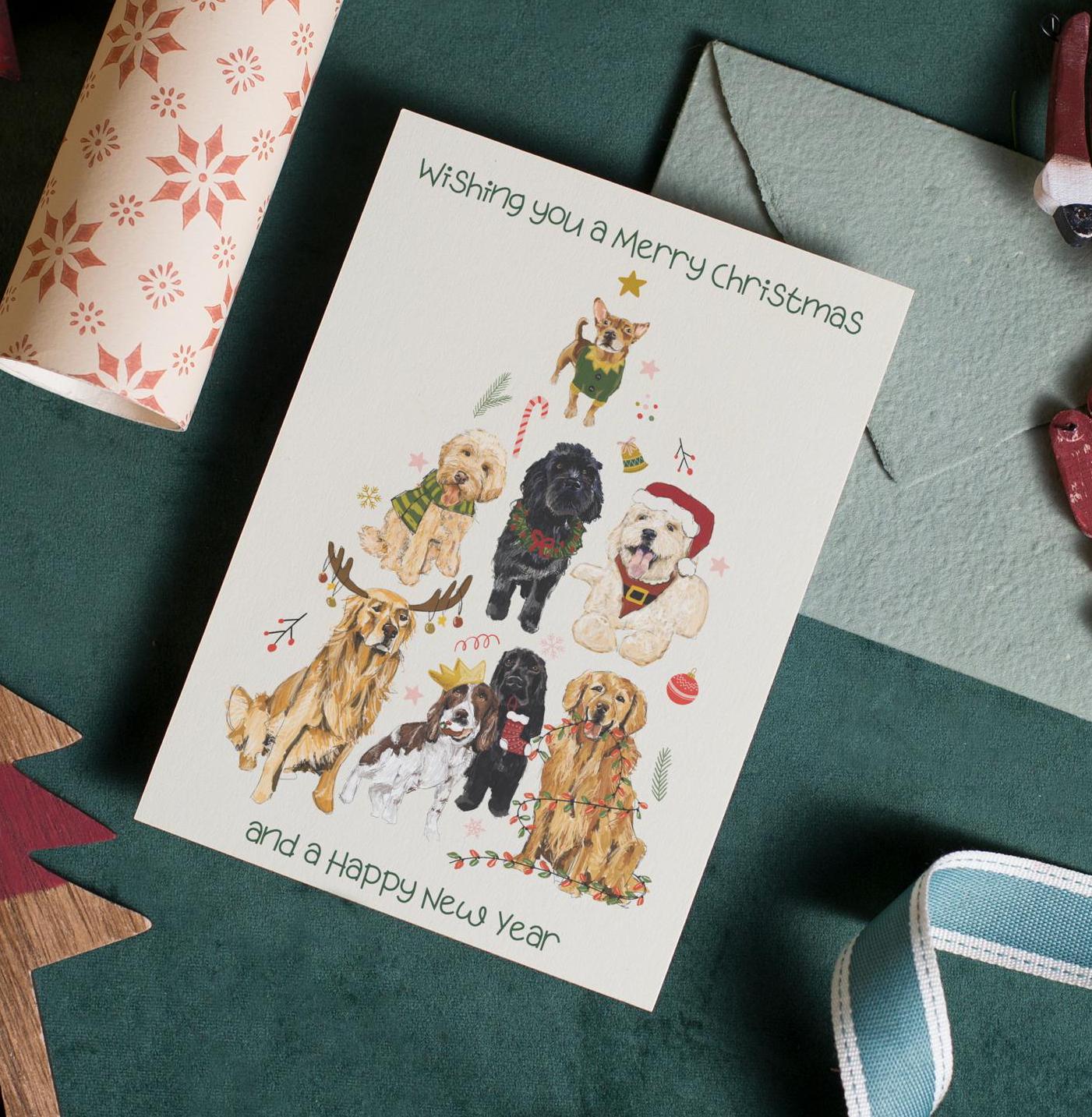 Dogs Christmas Greeting Card , Tree Shaped Pack of Pals