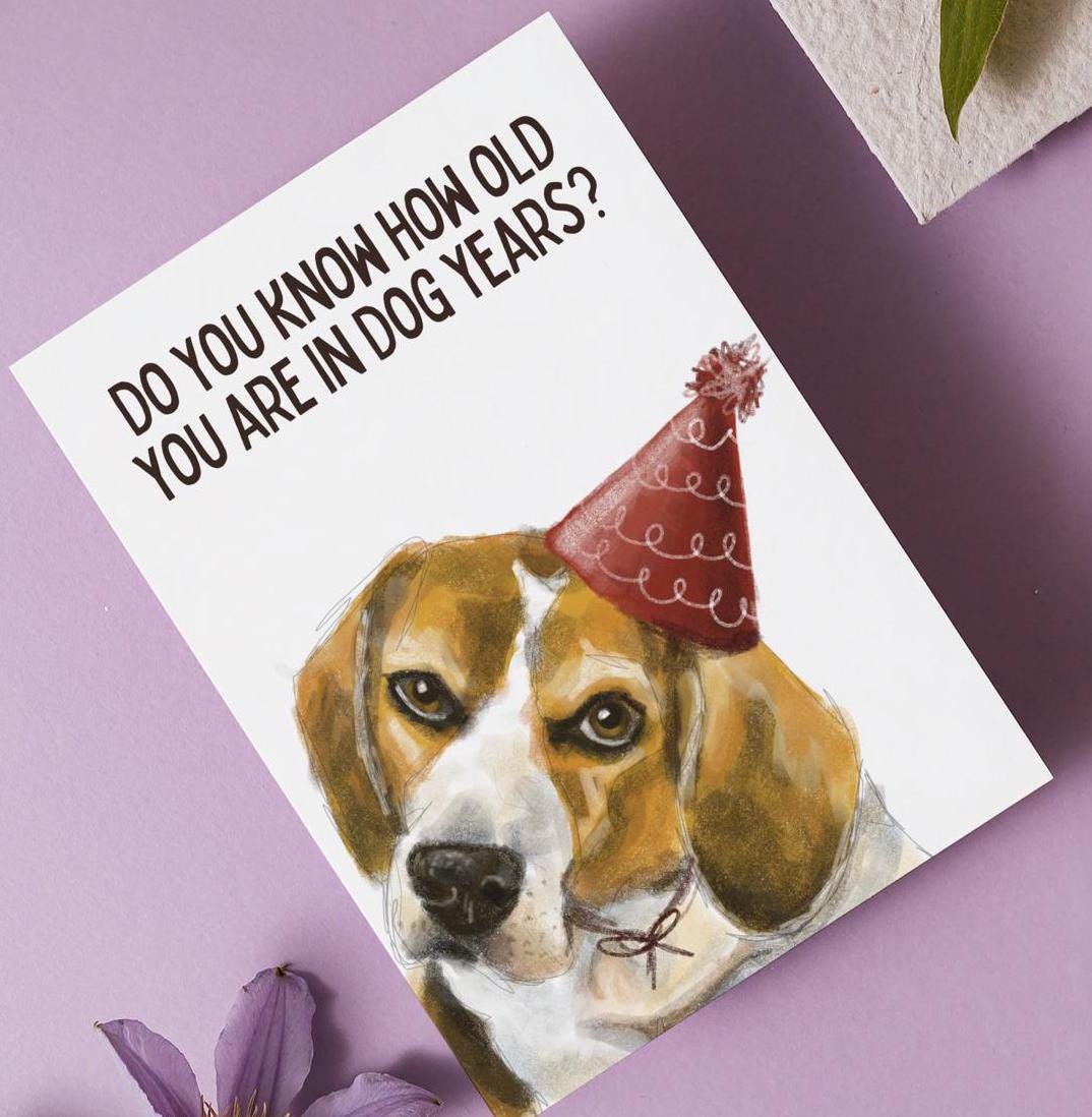 Beagle Birthday Beagle Greeting Card – “Do You Know How Old That Is in Dog Years?” – A6, A5 or Square