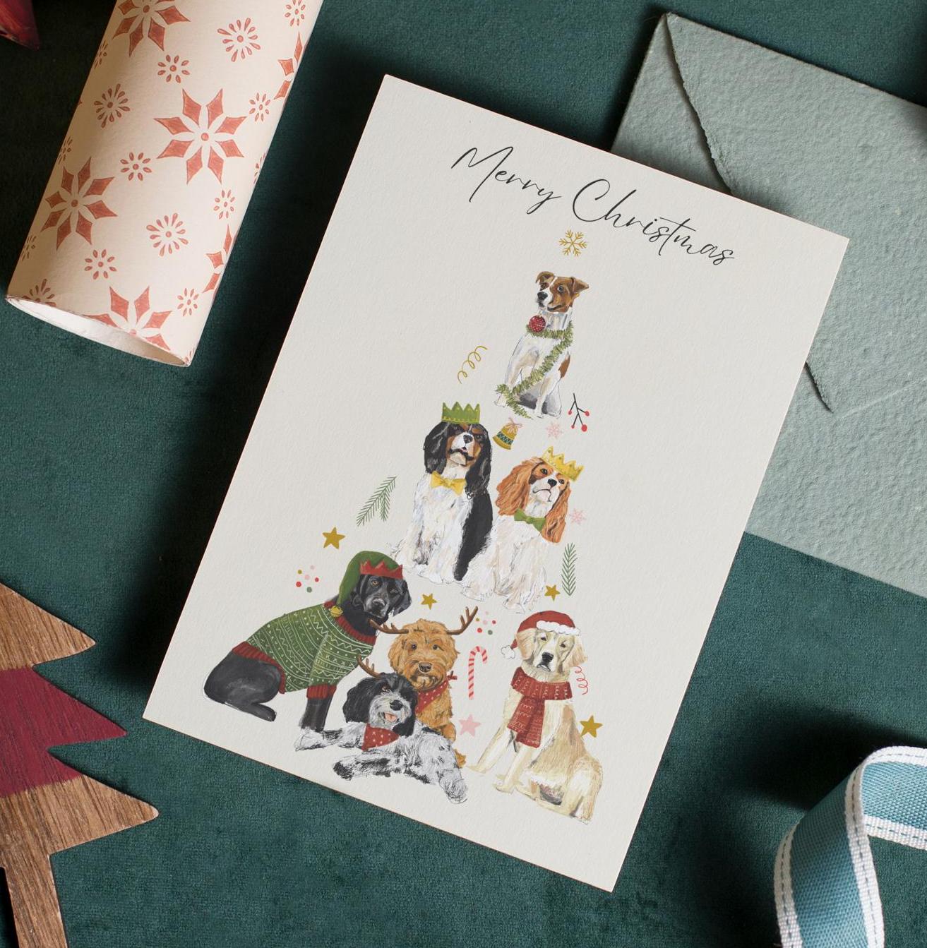 Dogs Christmas Greeting Card , Tree Shaped Pack of Pals