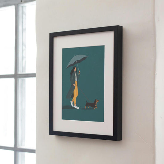 Rainy Day Dog Walk – Dachshund Art Print | Whimsical Pet Lover Gift, Bold Colours