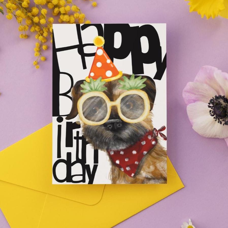 Border Terrier Birthday Card – ‘Border Manilow’ in Pineapple Glasses