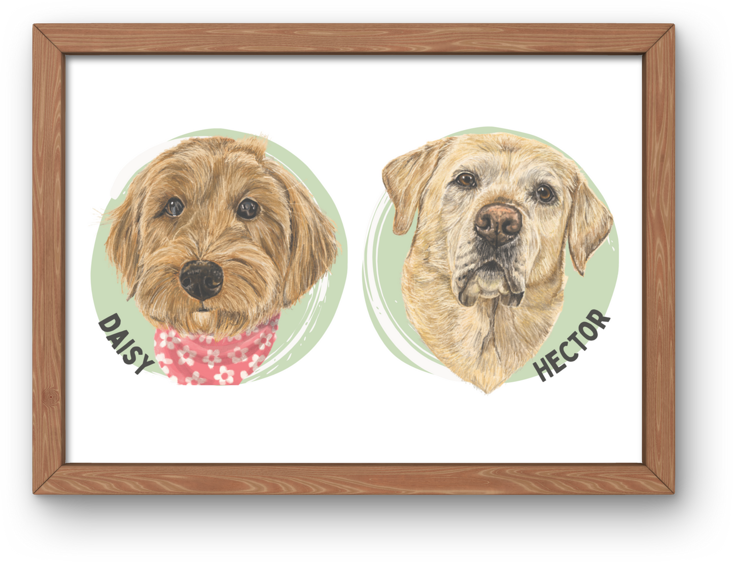 Framed artwork of two dogs, Daisy and Hector, on a white background.