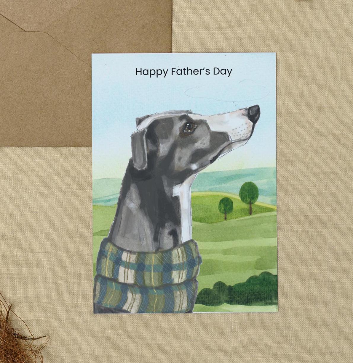 Father's Day greeting card, Whippet illustration. Classic, traditional