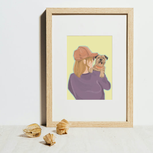 Over the shoulder Border Terrier & Girl, Vibrant Art Print, Lime Green
