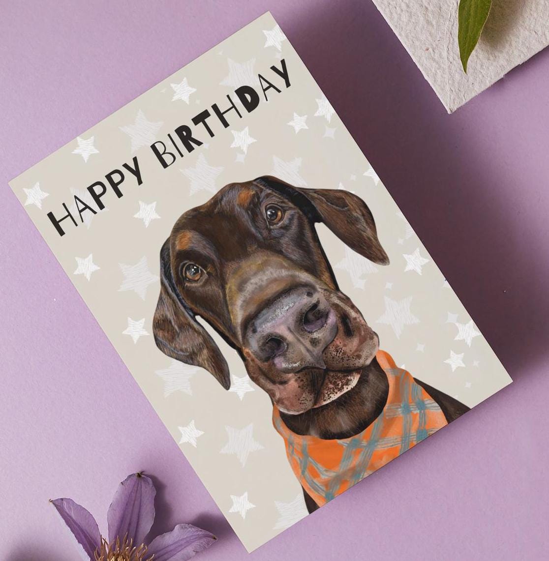 Doberman Charm Birthday Card - Star sprinkled Happy Birthday