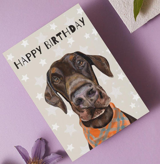 Doberman Charm Birthday Card - Star sprinkled Happy Birthday