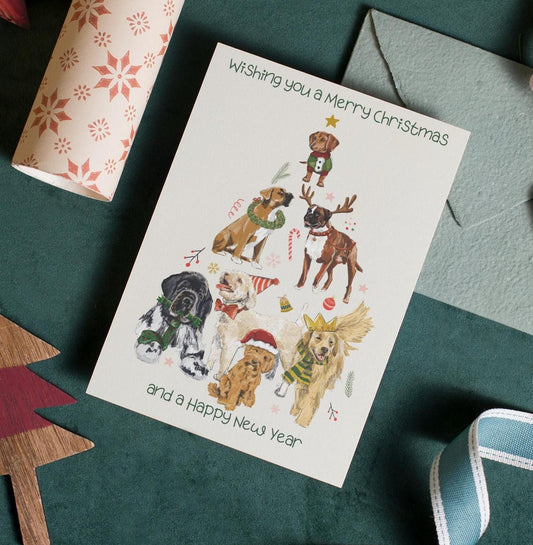 Dogs Christmas Greeting Card , Tree Shaped Pack of Pals