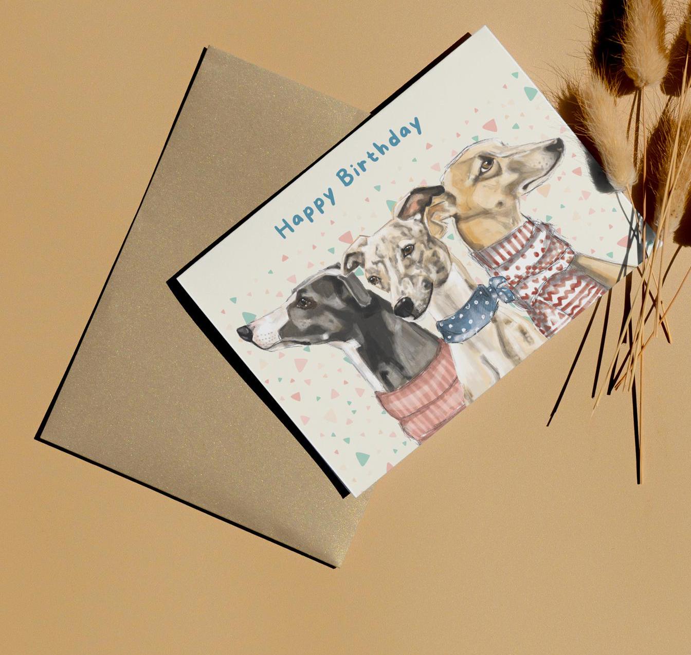 Whippet Trio Birthday Card with pastel elegant Charm