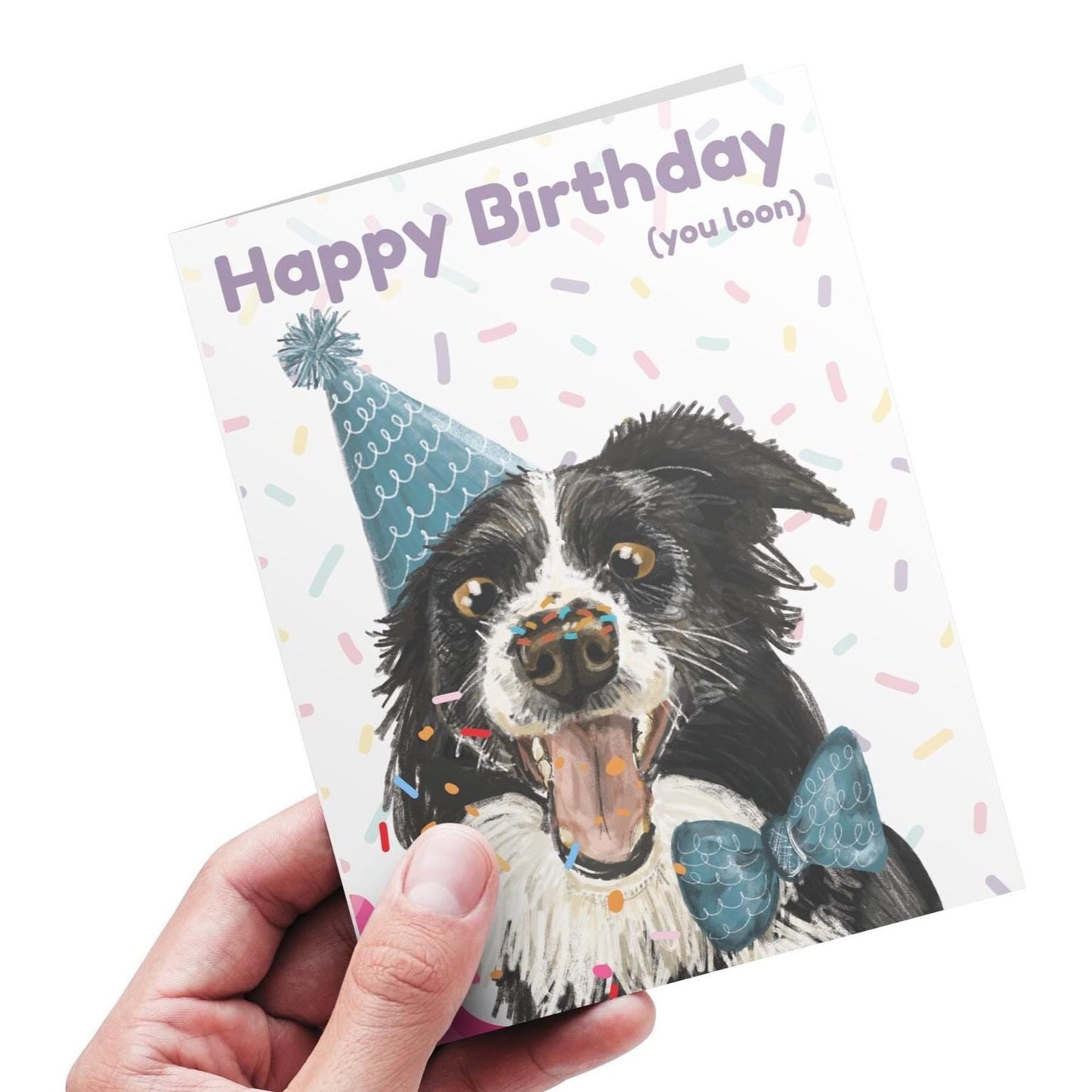 Border Collie Birthday card - Happy Birthday (you loon) hand drawn illustration