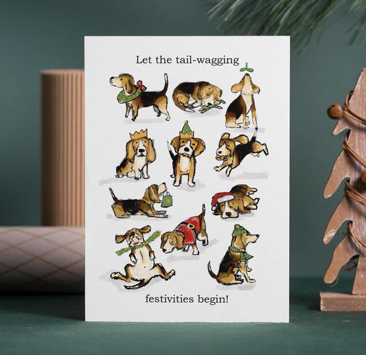 Illustrated Beagle Christmas cards -greeting card for dog lovers - Festive Santa dogs, Happy Holiday card -hand drawn