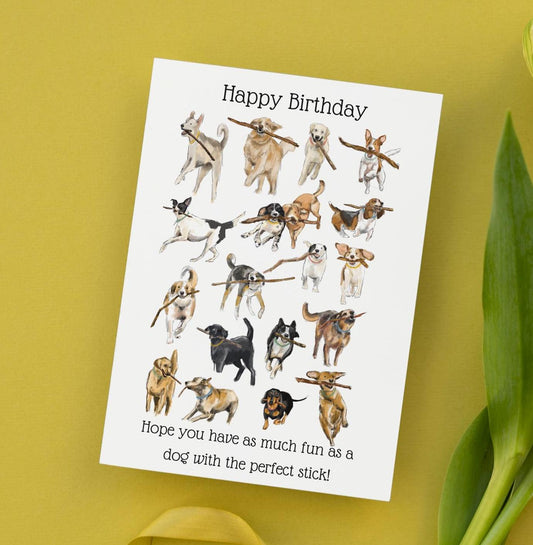 Dogs with sticks Birthday Card, A6
