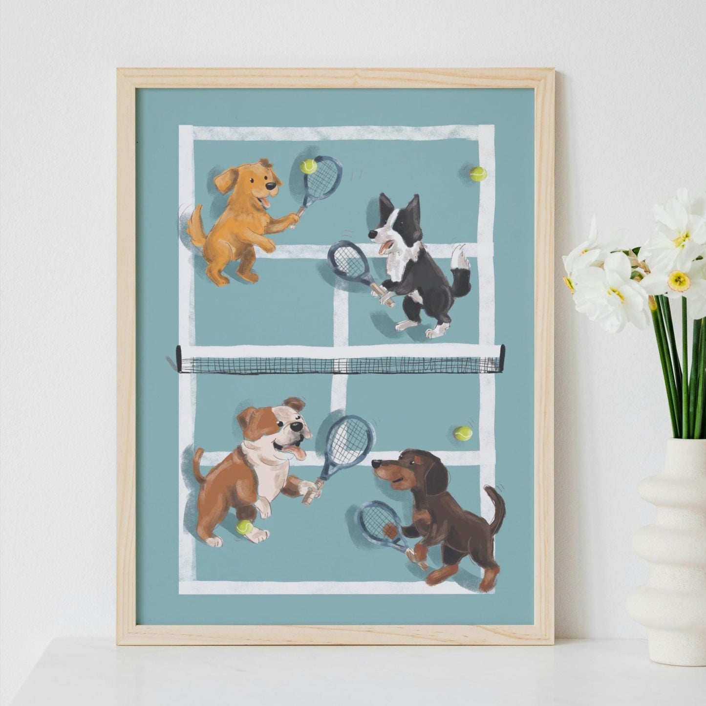Mixed Doubles Tennis Dogs Art Print. Pink or Blue, Mounted in A5, A4 or A3