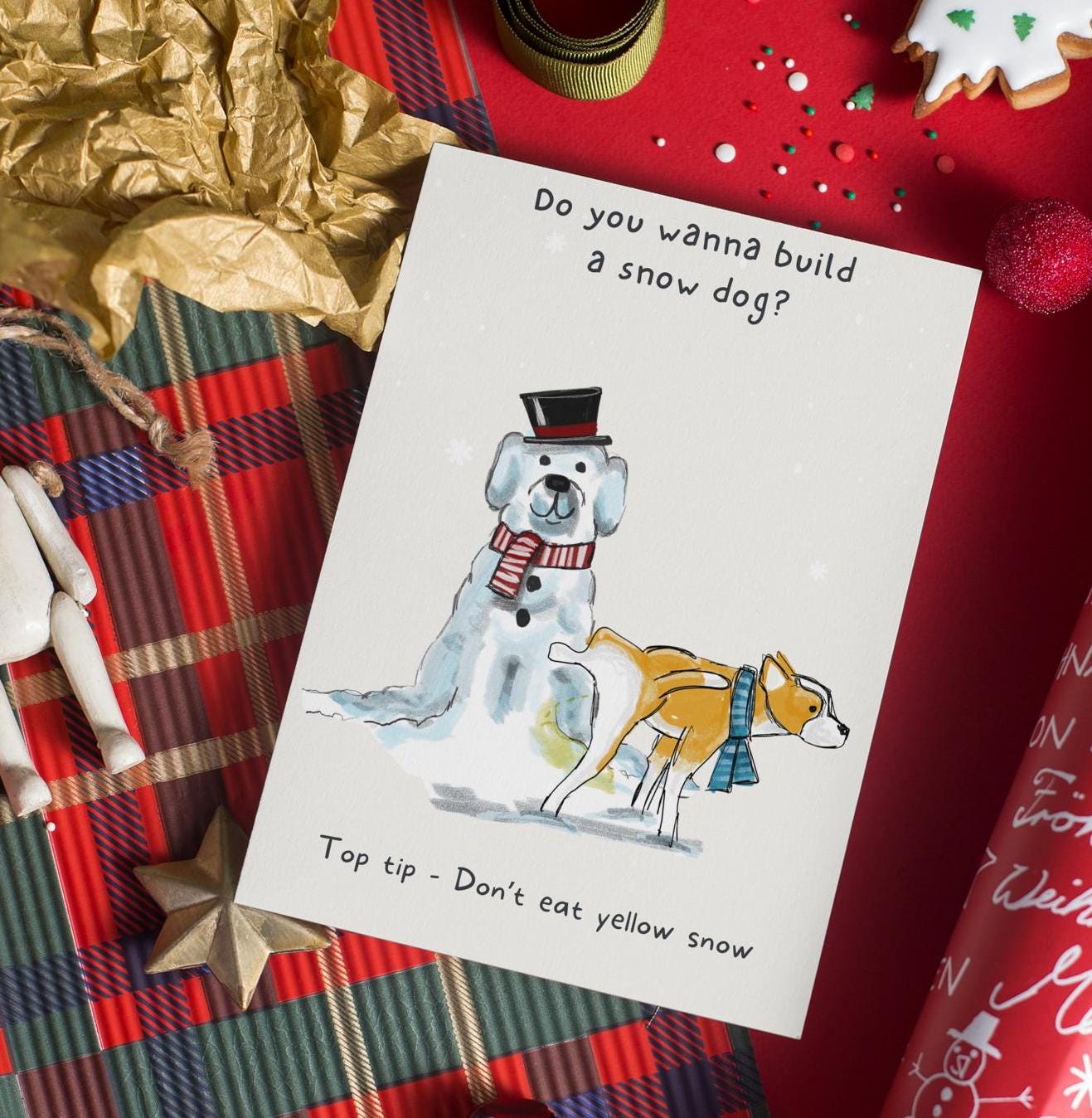Cheeky Snowman and Snow dog Christmas Greeting card