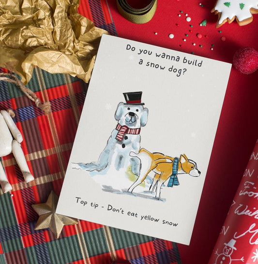 Cheeky Snowman and Snow dog Christmas Greeting card