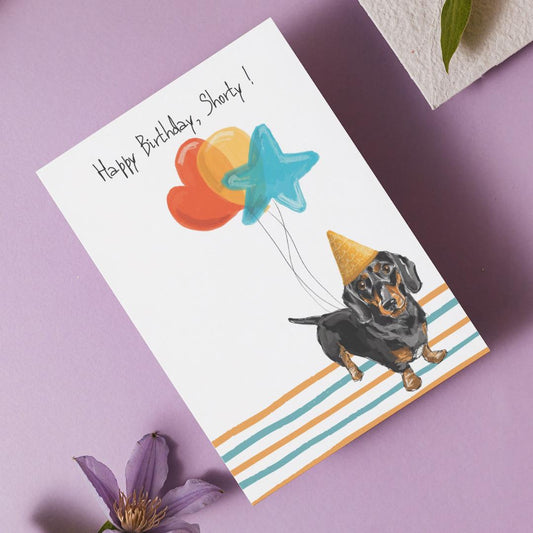 Dog Lover Birthday Card – Dachshund with Balloons
