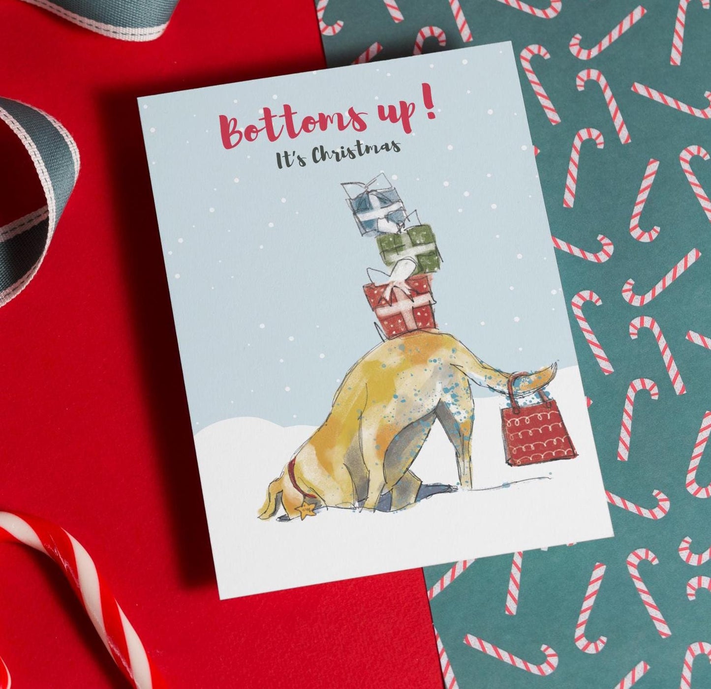 Bottoms up, It's Christmas dog themed Christmas card