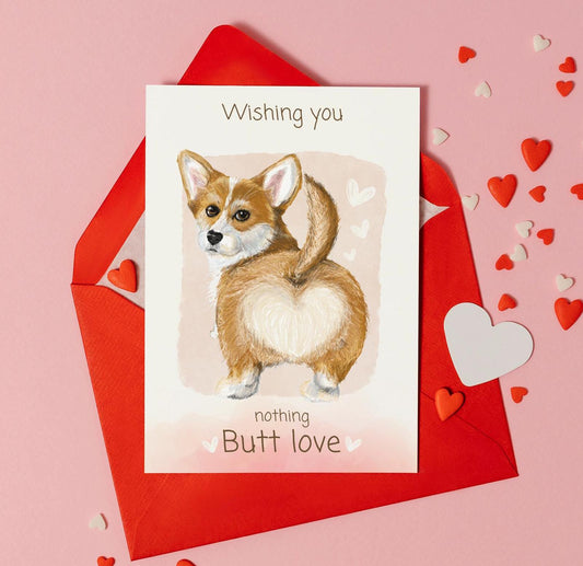 Corgi Valentine’s Card – ‘Nothing Butt Love’ | Soft Pastels & Red Envelope