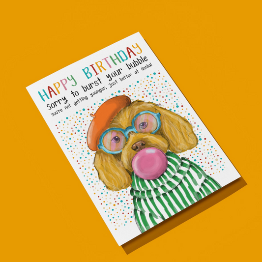 Title: Cockerpoo  Birthday card - Burst your bubble
