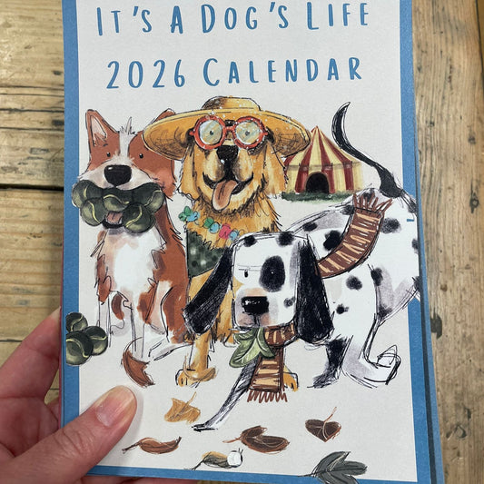 Calendar titled 'It's a Dog's Life 2026' held by a hand on a wooden surface