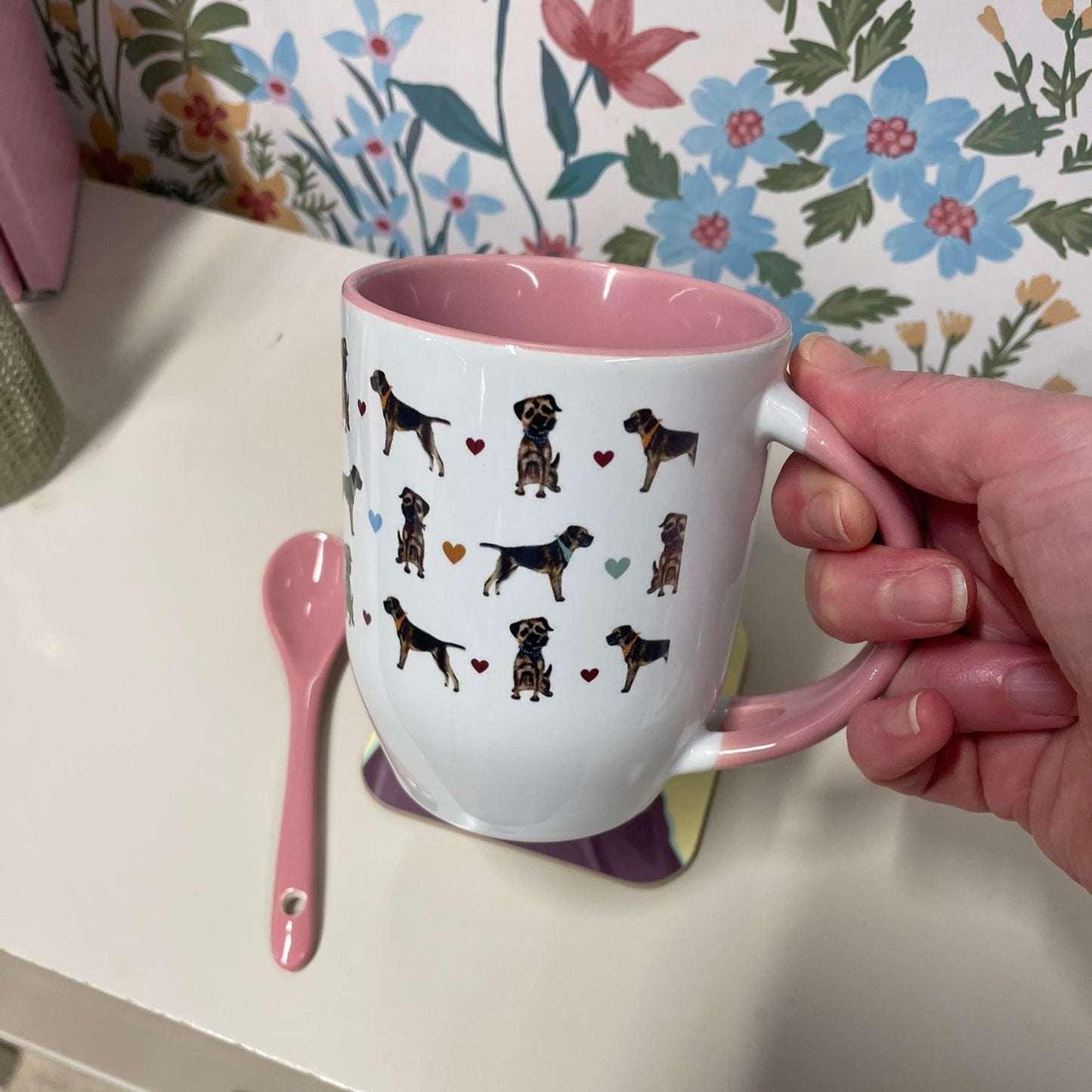 Border Terrier Mug with Pink Handle, interior and integrated spoon