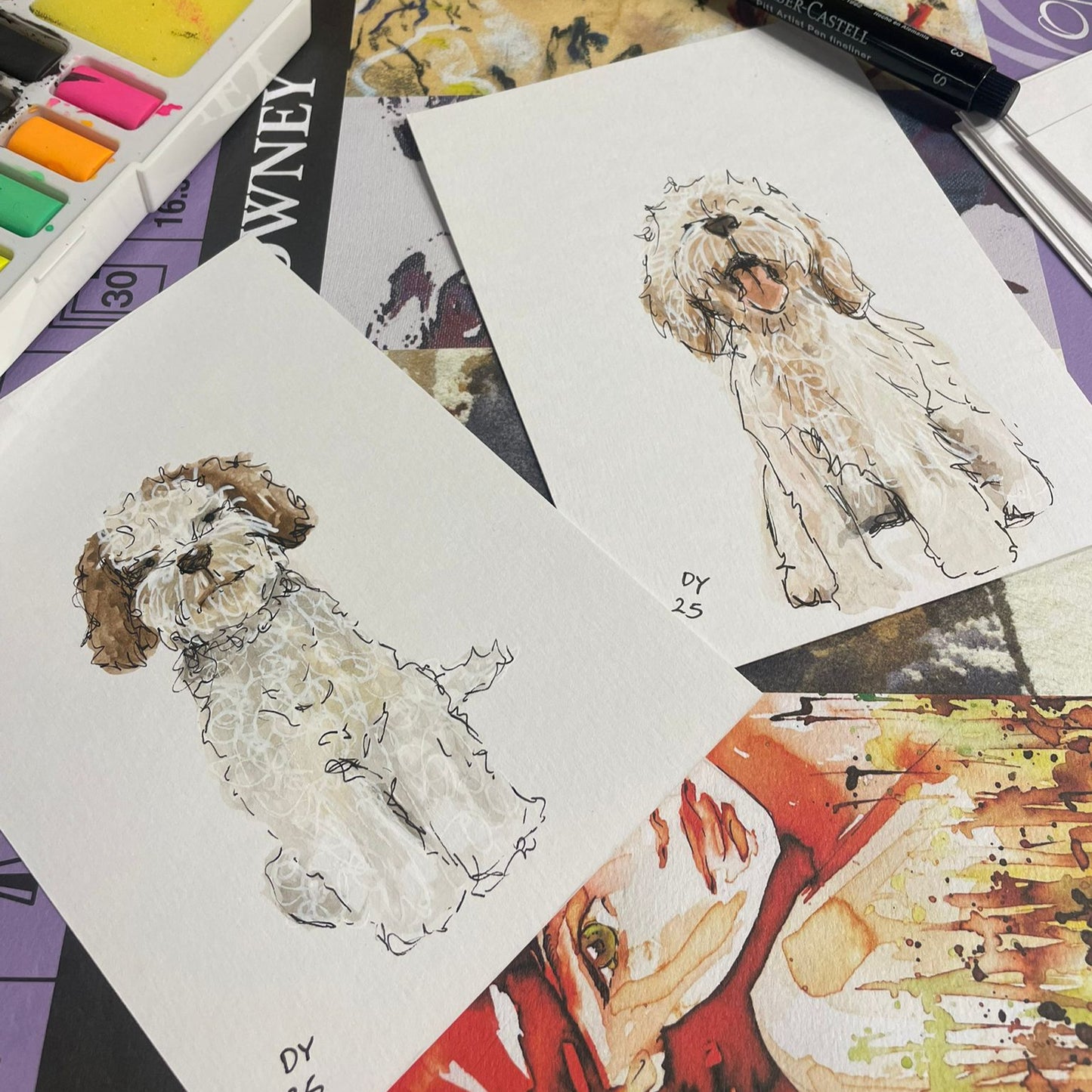 Custom Pet portrait, Playful Watercolour sketchbook style A6