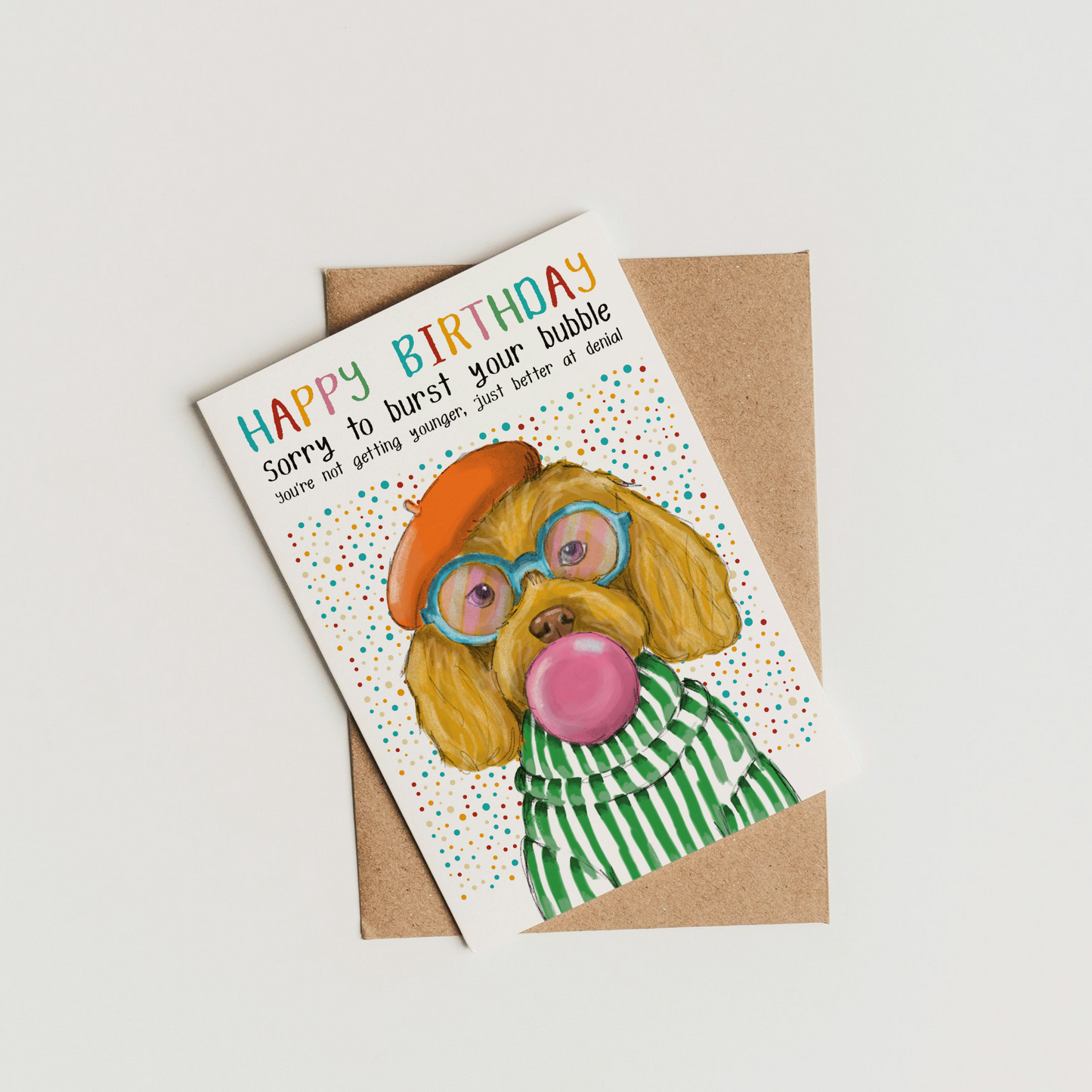 Title: Cockerpoo  Birthday card - Burst your bubble