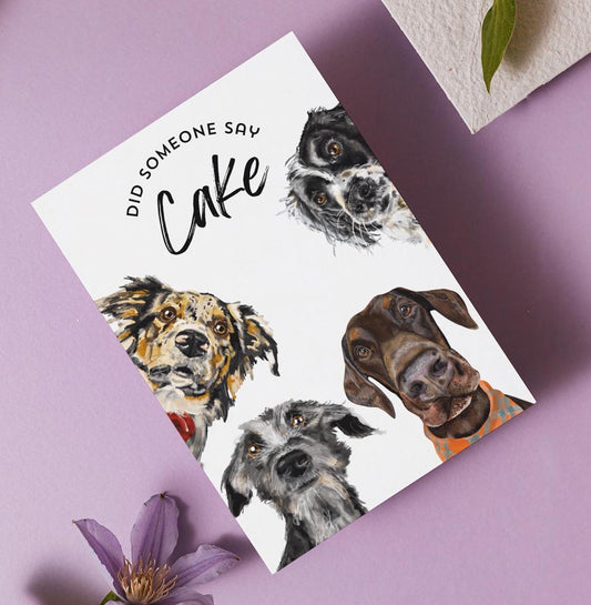 Dog lover Birthday Card - send this hand-drawn illustration of a Doberman, Whippet, Border Collie and Spaniel - 'Did someone say cake'