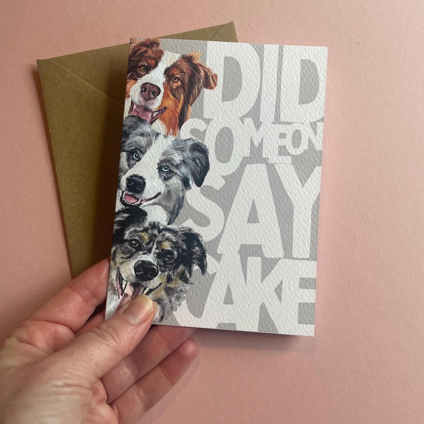 Border Collie Birthday Card 'Did someone say cake' hand drawn illustration.