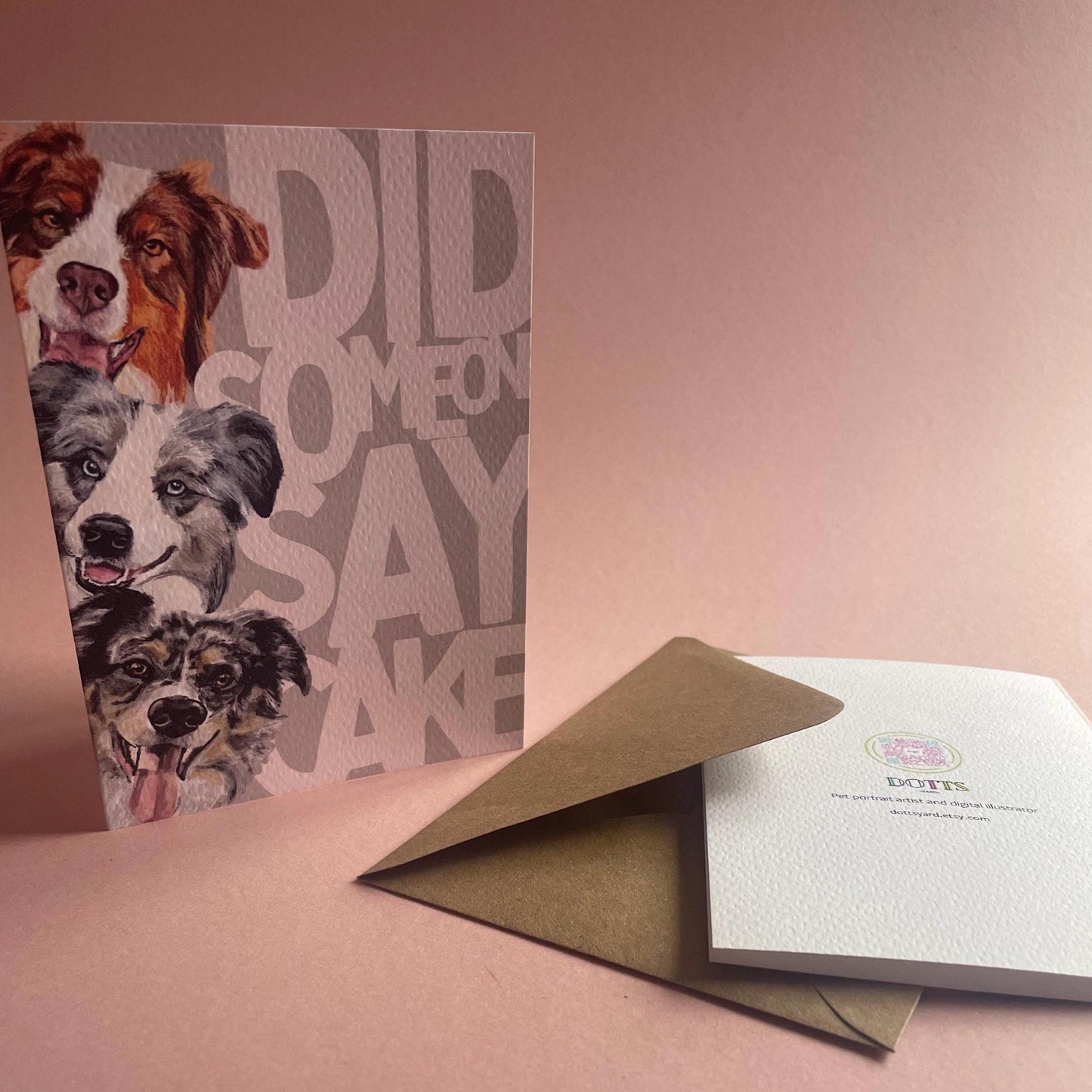 Border Collie Birthday Card 'Did someone say cake' hand drawn illustration.