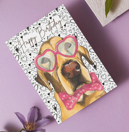 Labrador Birthday Card with heart shaped glasses, A6