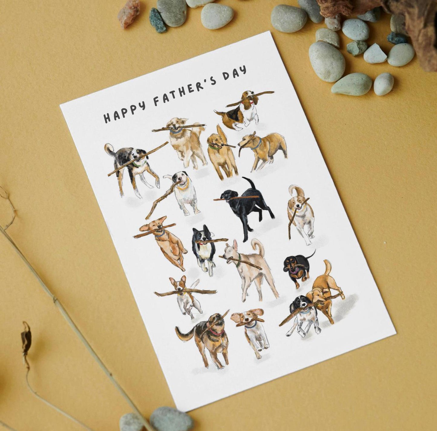 Father's Day greeting card, Dog with sticks, Classic design simple and traditional