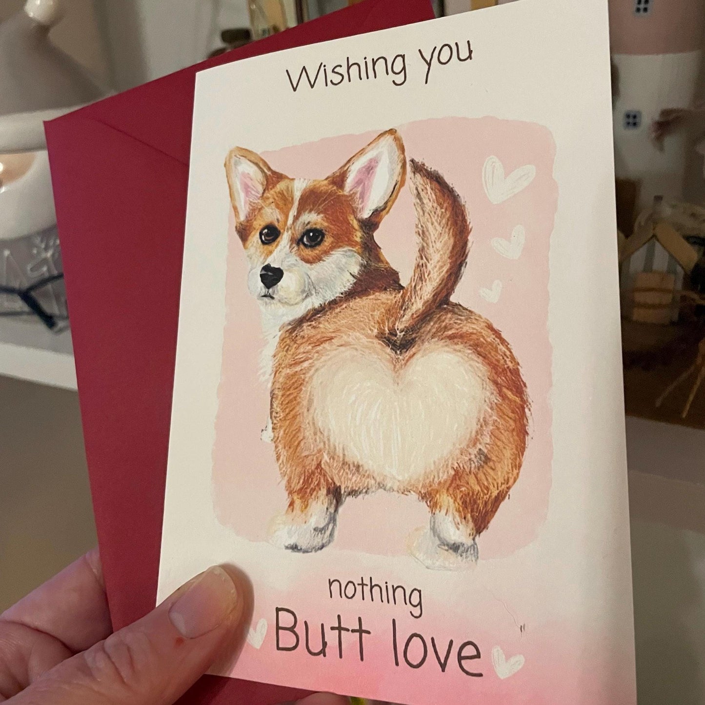 Corgi Valentine’s Card – ‘Nothing Butt Love’ | Soft Pastels & Red Envelope