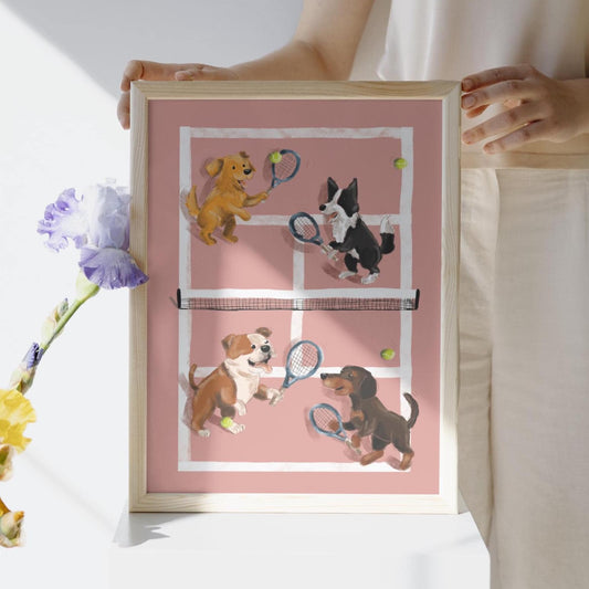 Mixed Doubles Tennis Dogs Art Print. Pink or Blue, Mounted in A5, A4 or A3