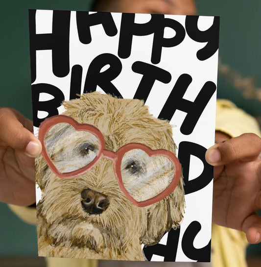 Cockerpoo Birthday Card with Heart Glasses, A6