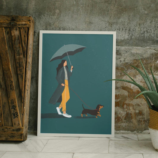 Rainy Day Dog Walk – Dachshund Art Print | Whimsical Pet Lover Gift, Bold Colours