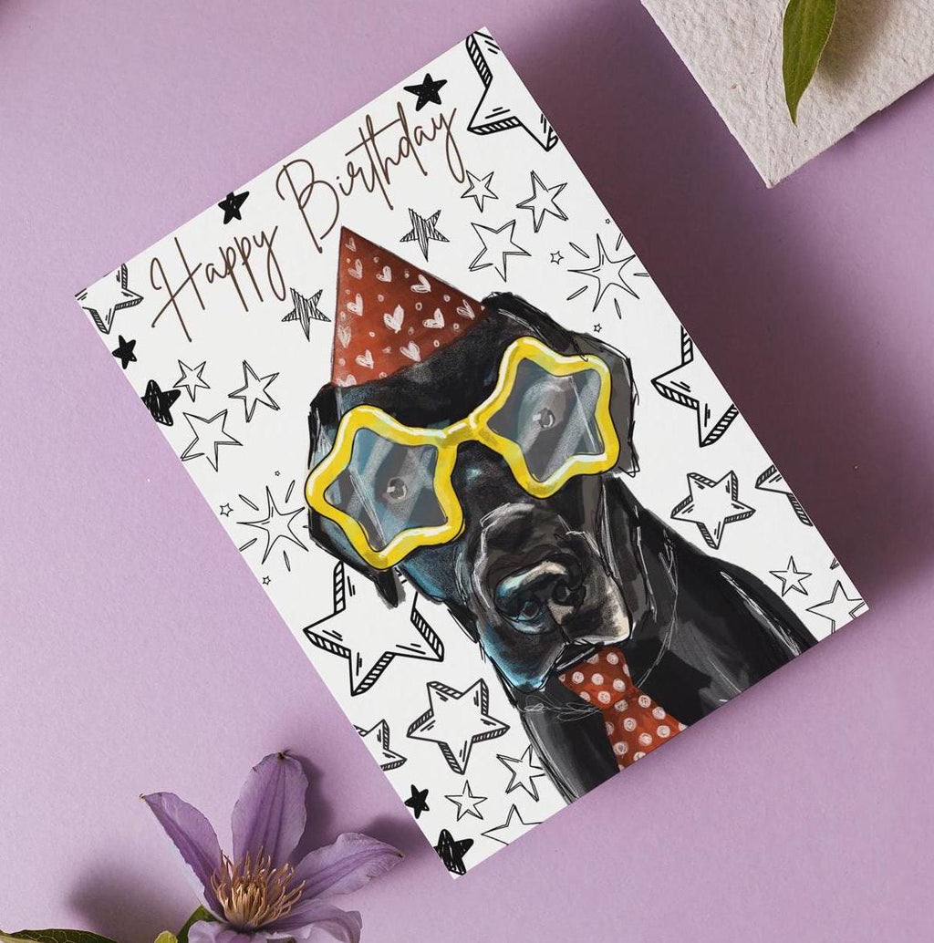 Black Labrador Birthday Card, Storm the star, A6