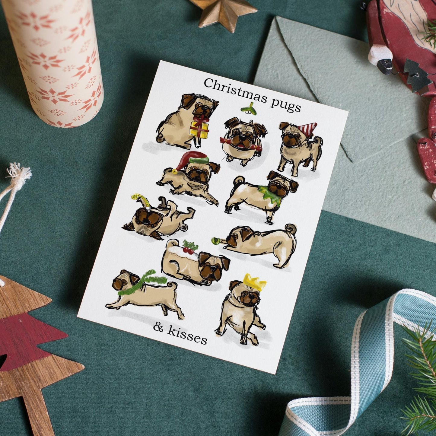 Pug Dog Christmas Card , Christmas pugs and kisses, A6