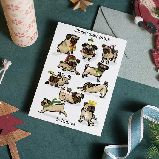 Pug Dog Christmas Card , Christmas pugs and kisses, A6