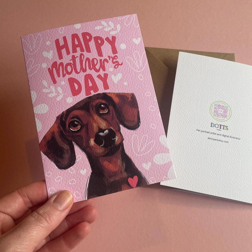 Dachshund Mother’s Day Card | Hand-Drawn Sausage Dog in Pastel Pink, from UK Artist