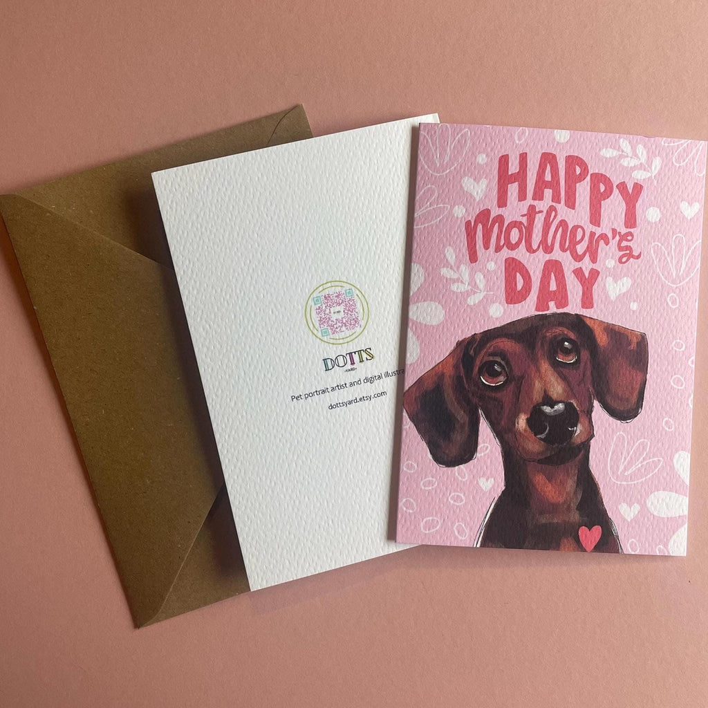 Dachshund Mother’s Day Card | Hand-Drawn Sausage Dog in Pastel Pink, from UK Artist
