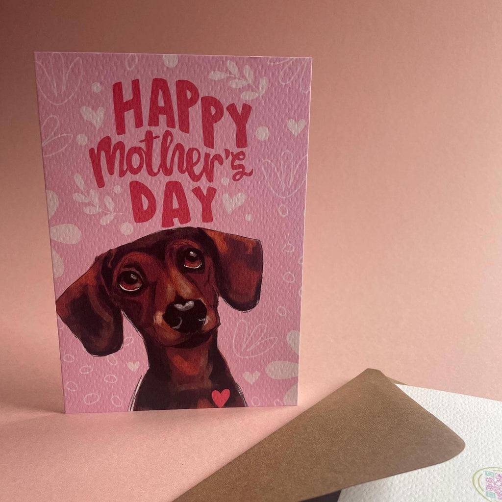 Dachshund Mother’s Day Card | Hand-Drawn Sausage Dog in Pastel Pink, from UK Artist