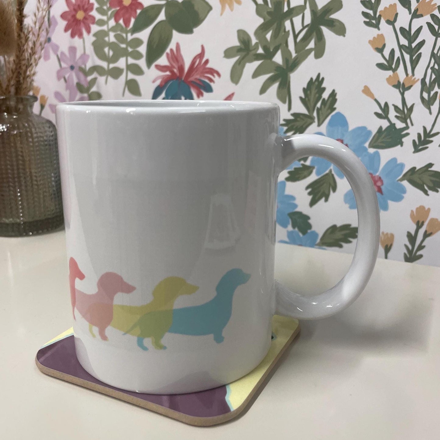 Colour dash ceramic mug - Bright colourful wrap around Dachshund design . 120z