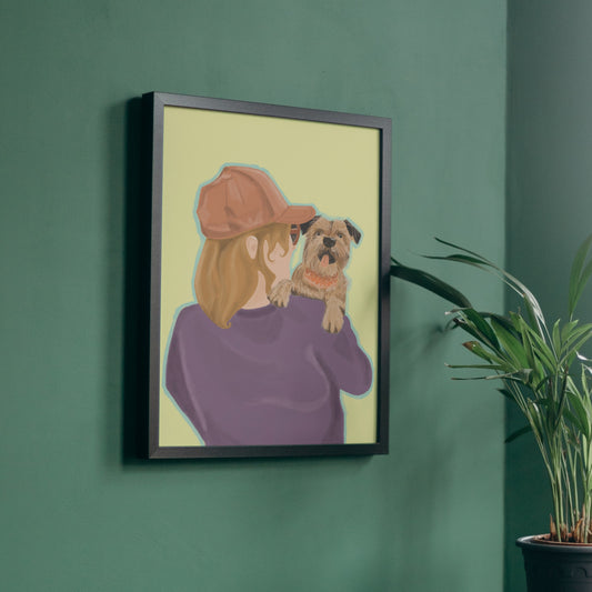 Over the shoulder Border Terrier & Girl, Vibrant Art Print, Lime Green